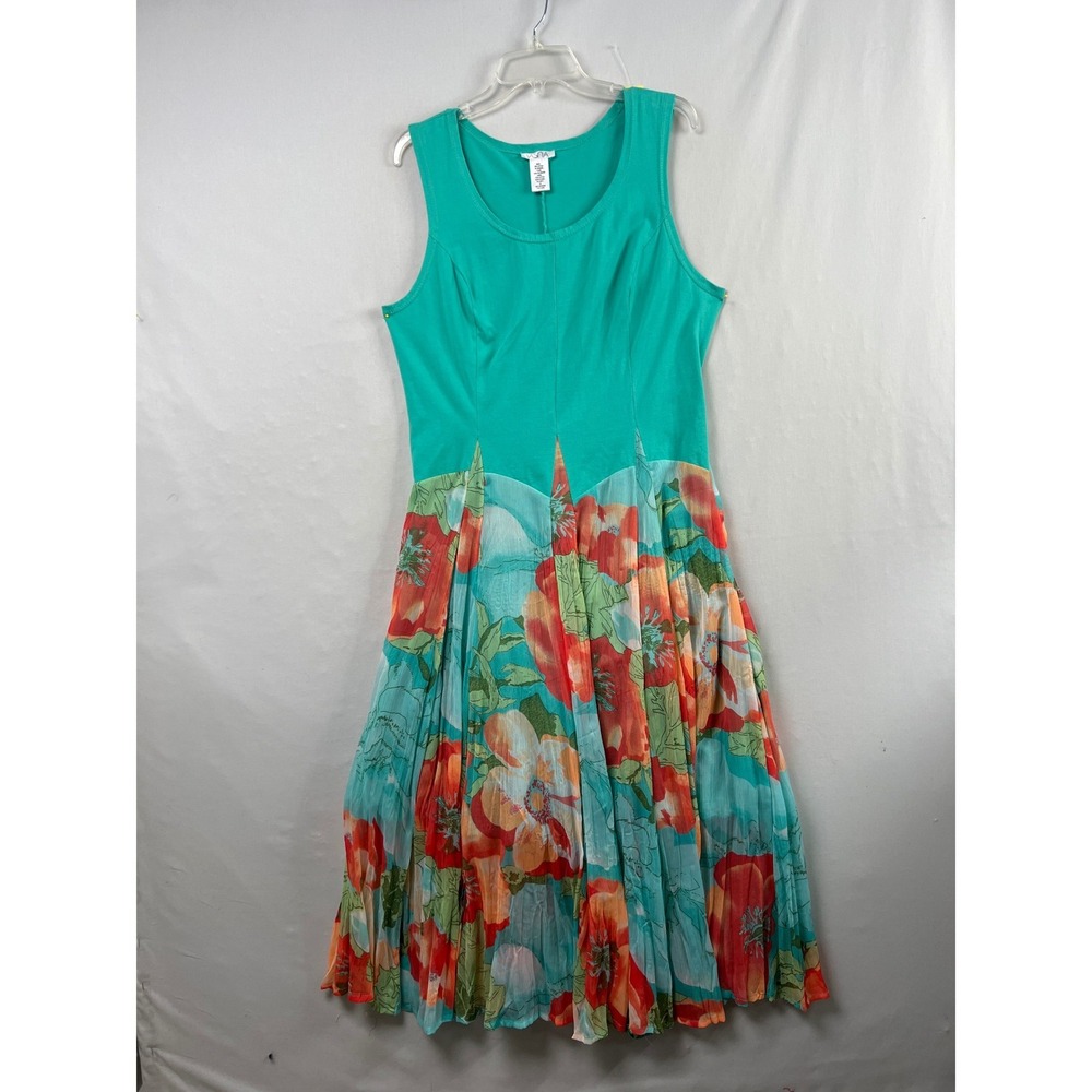 Vasna Floral Maxi Dress Women XL Teal Orange Sleeveless Pleated Beach Coastal